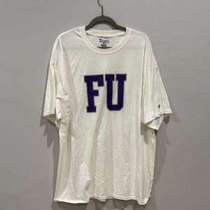 Champion White Tee with Bold Purple Letters